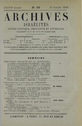 Archives israélites de France. Vol.37 N°20 (15 oct. 1876)